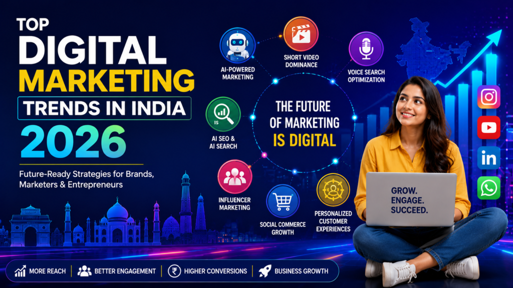 “Top Digital Marketing Trends in India 2026 featured image showing AI powered marketing , short video dominance , voice search optimization , influencer marketing , AI SEO and social commerce growth with social media icons and futuristic digital marketing design”